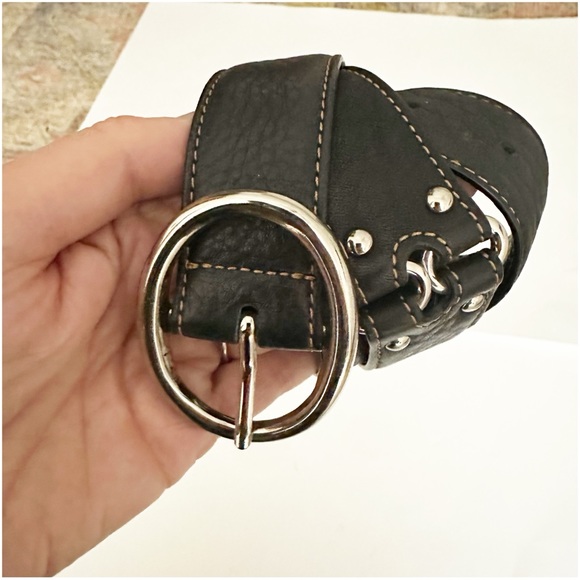 Cole Haan Black Belt Double Ring Pebbled Leather Silver Tone Hardware Belt - Picture 1 of 8